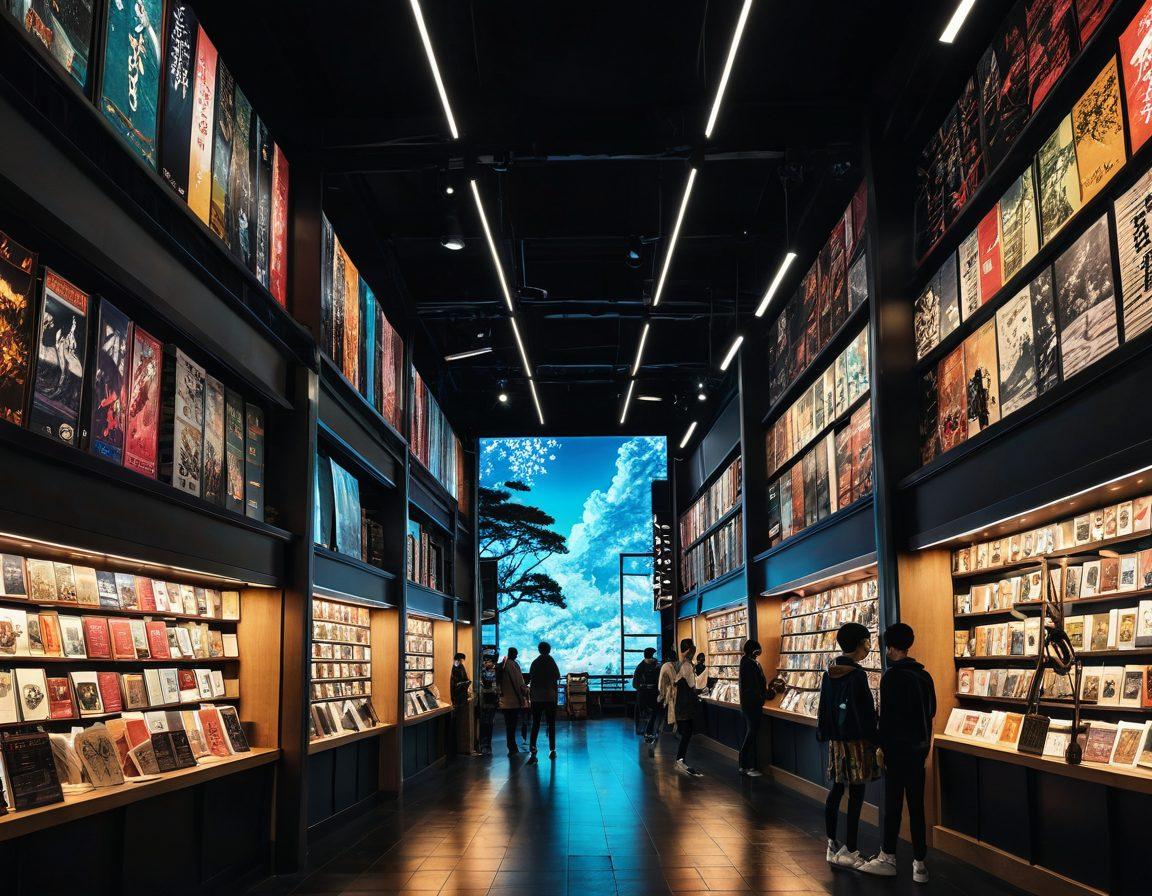 A dynamic split-screen image contrasting traditional print manga on one side with vibrant digital manga on the other, featuring iconic characters from both styles. The print side should have textured paper and ink, while the digital side bursts with neon colors and glowing elements. Incorporate symbols of technology like tablets or virtual reality headsets to emphasize the evolution. The background should subtly blend from a classic bookstore to a modern digital landscape. super-realistic. vibrant colors. contrasting textures.